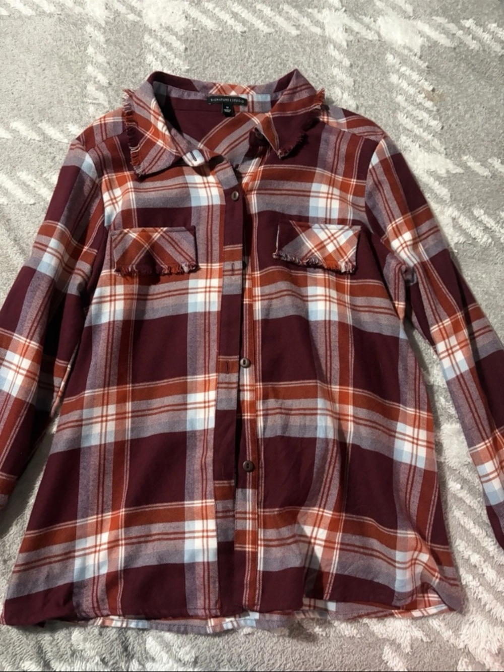 Signature Studio Burgundy Rust White Plaid Button-Up Blouse